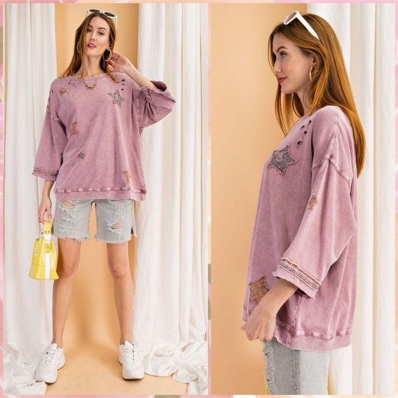 Easel Patchwork Mineral Wash Lightweight Knit Top - Picture 9 of 16